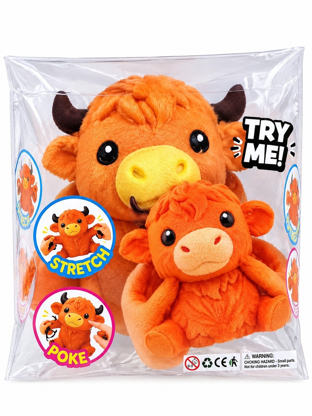 Plush Stretch & Poke Orange Highland Cow Toy - Kids Squishy